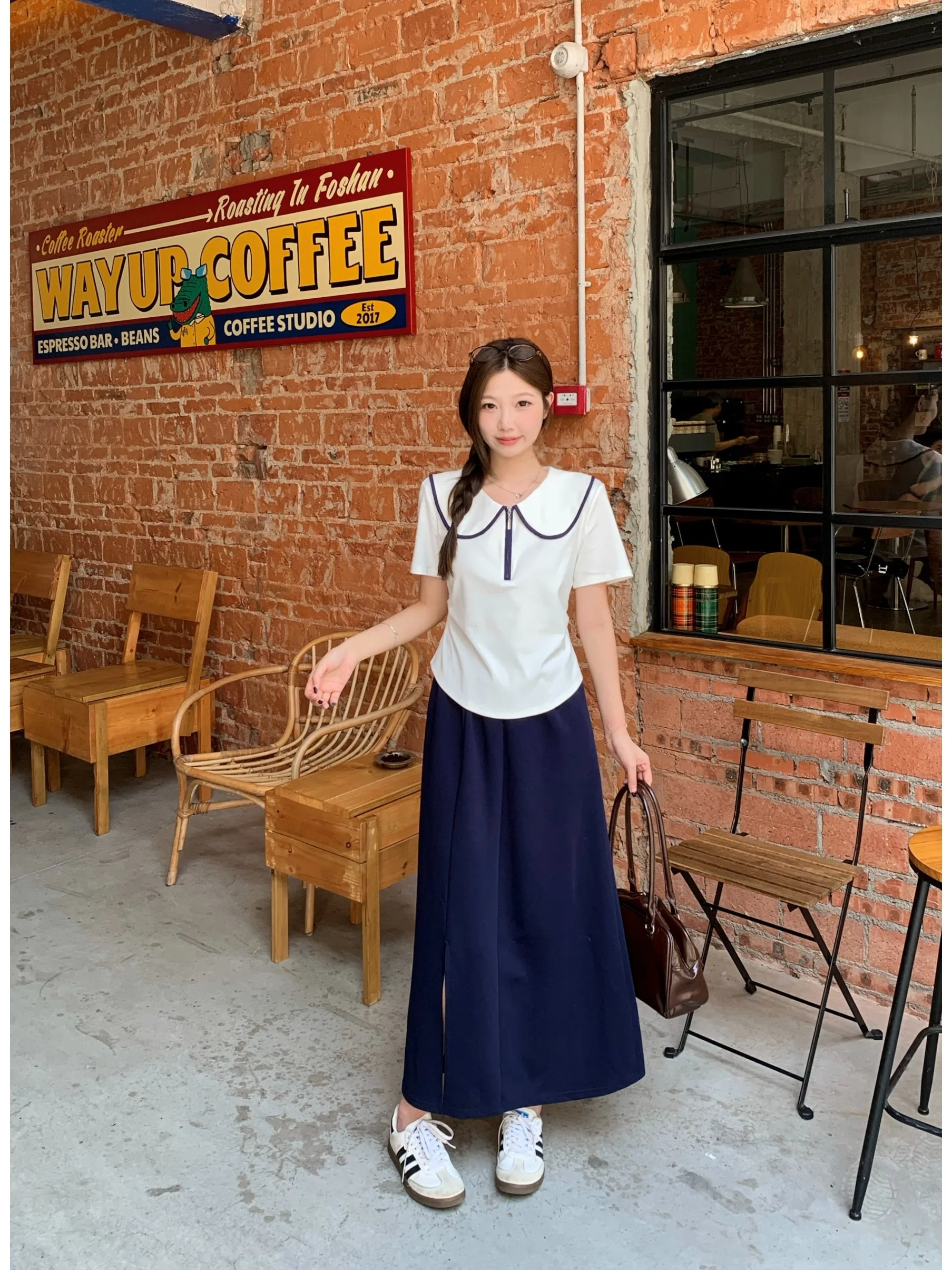 

High Waist Short Sleeve Doll Collar Set Anti-Aging Design Summer New Style Korean Version Loose Fit A-Line Midi Skirt