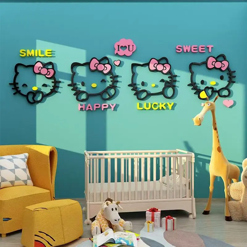 Anime Hello Kitty Naklejka Ścienna 3D Stereo DIY Kawaii Sanrio Dekoracja Pokoju Dziecięcego Śliczny Plakat Naklejki na Ścianę Tło Prezent dla Dzieci