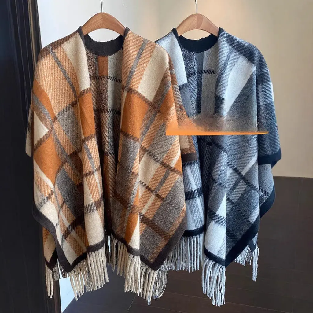 

AMR UU Women's Plaid Shawl French Tassel Cloak Warm Concave Shape Thick Scarf for Autumn And Winter Fashionable Outerwear