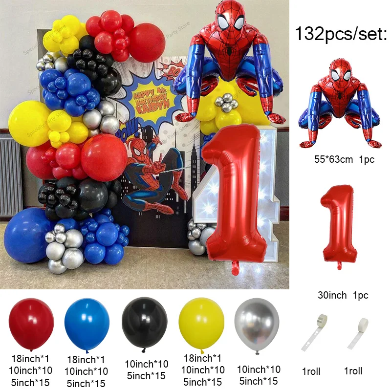 132pcs/Set 3D Giant Spiderman Foil Balloon Garland Arch Kit Hero Theme Birthday Baby Shower Party Decoration Kids Toys Supplies