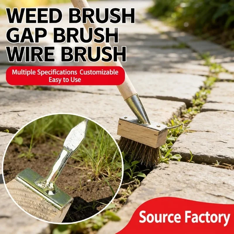 Garden Weeding Wire Brush with Long Solid Wood Handle, Professional Ground Scrubber Weed Remover for Yard Cleaning