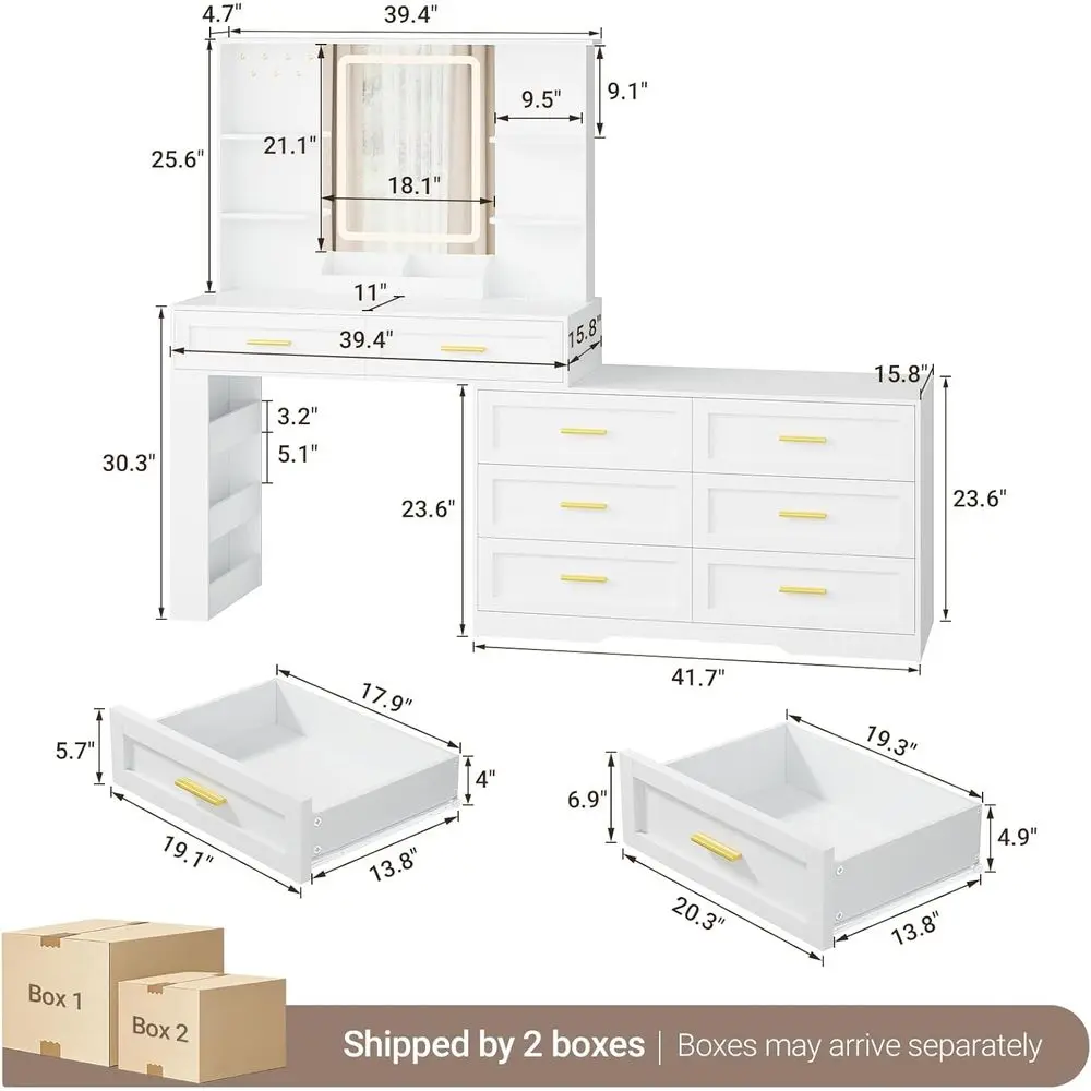 Lighted Makeup Vanity Table with Power Outlet, Storage Shelves, Drawer, and Leg Storage, White view 3