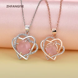 Heart Pendant Necklace 925 Silver Jewelry with Rose Quartz Zircon Gemstone Accessories for Women Wedding Party Gifts Wholesale