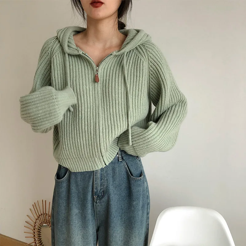 

Candy Colored Hooded Lace Up Short Loose Thick Zipper Knitted Cardigan Autumn and Winter Sweet Jacket Sweater for Women