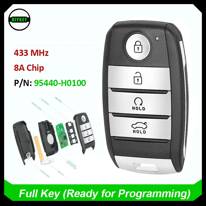 

DIYKEY Keyless Smart Remote Control Car Key Fob 4 Buttons 433MHz 8A Chip for Kia Rio 2021+ Fob P/N: 95440-H0100