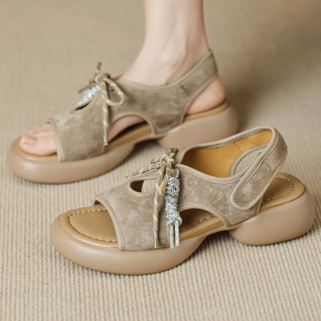 

danxuefei women's natural suede leather lace-up open toe summer thick sole platform flats sandals high quality soft casual shoes
