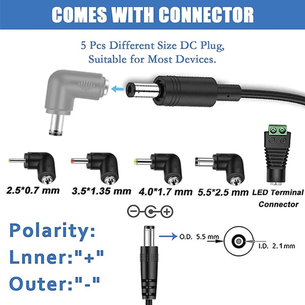 범용 차량용 충전기, 휴대용 DVD 플레이어, 시트 쿠션, GPS, 휴대용 도시락, 스피커, DC 5.5x2.1mm, 커넥터 5 개, 12V 2A