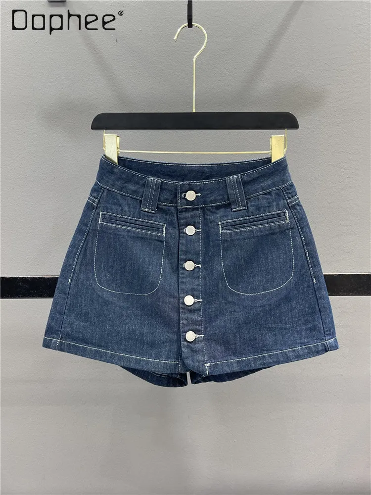 

Single Breast Denim Shorts Skirt Women's 2024 Summer New Slim Fake Two Piece Skirt A Line Wide-leg Jeans Skirt Casual All Match