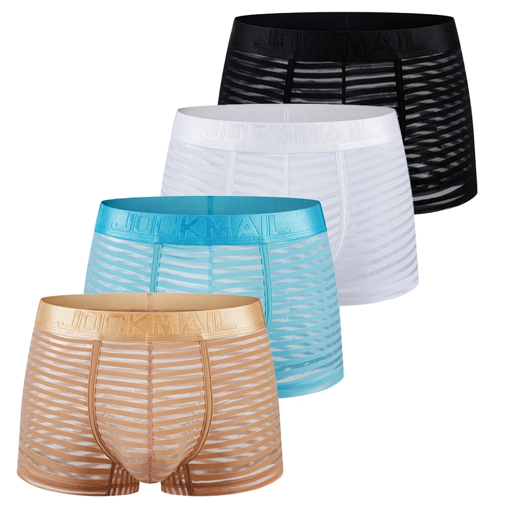 4PCS Mens Sexy Striped See Through Mesh Boxer Briefs JOCKMAIL U Convex Pouch Breathable Stretch Male Underwear Shorts 4 Colors