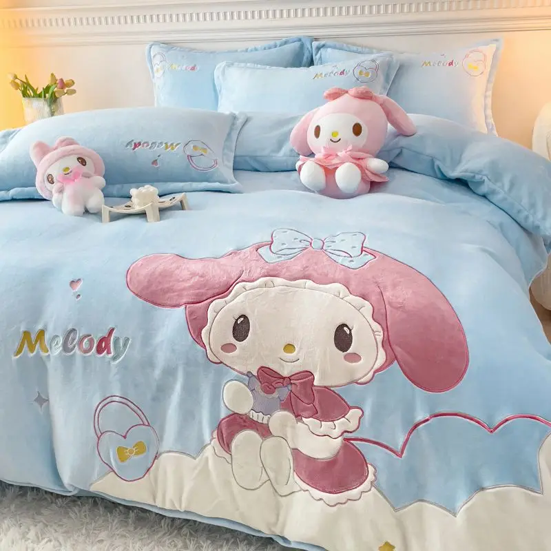 

Sanrio Cinnamoroll Kuromi Anime Kawaii Ins Embroidered Quilt 3-piece Set Cute Pillow Cover My Melody Bed Sheet Gifts for Girls