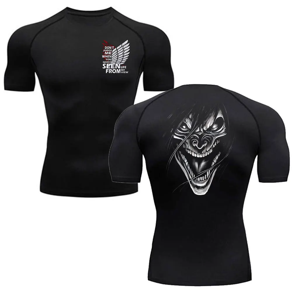 Compression Shirts Men Anime Attack On Titan Sports Short Sleeved Gym Running T-Shirts Fitness Quick Drying Elastic Tennis Sport