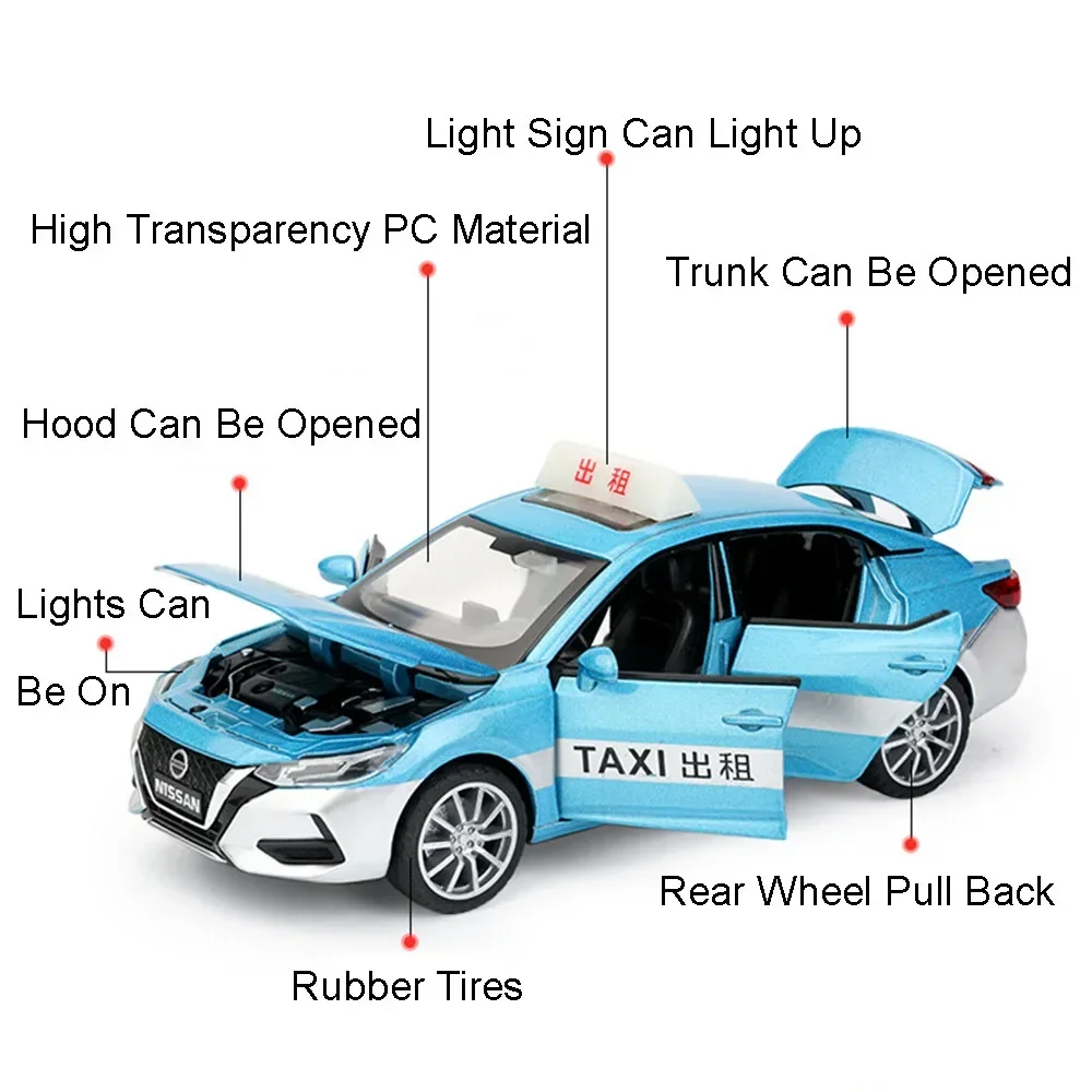 1:32 نيسان سيلفي سبيكة سيارة أجرة نموذج اللعب دييكاست سيارة مصغرة ضوء الصوت التراجع 6 أبواب مفتوحة لعبة حلية هدايا عيد الميلاد