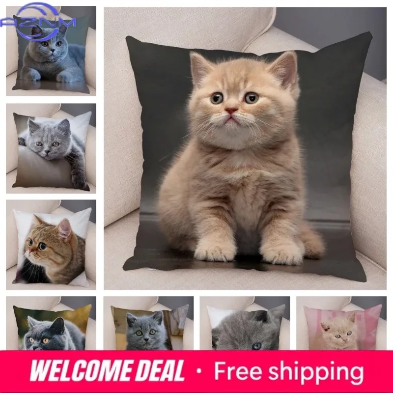 Russian Blue British Shorthair Cushion Cover Decor Cute Cat Pet Animal Pillowcase Soft Plush Pillow Case for Car Sofa Home