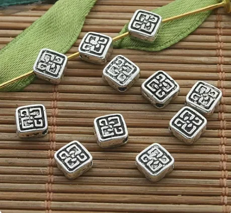 50pcs 7mm  Alloy matel dark silver square shaped 2sided pattern spacer beads HWH3322