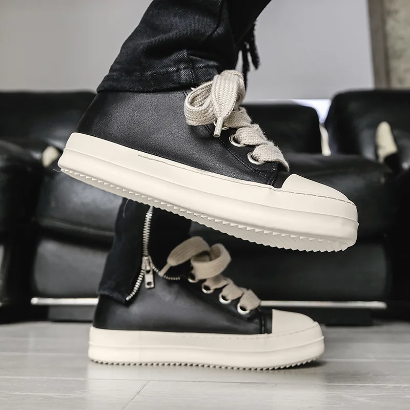 Men Shoes Thick Shoelace PU Leather Sneakers Design Owens Luxury Brand Platform Vintage Hip Pop Streetwear Shoes