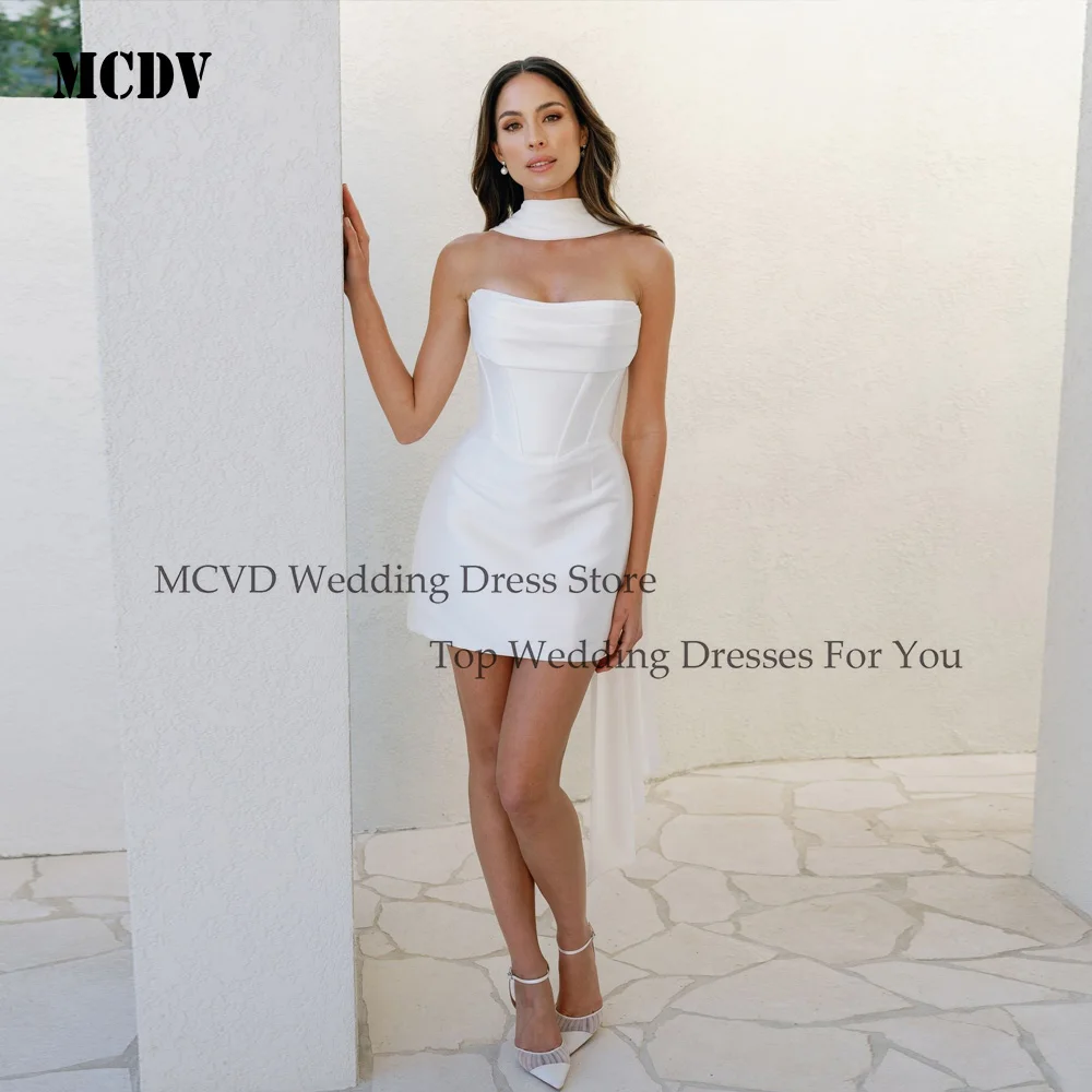 

MCDV Mini Satin Wedding Party Dresses With Shawl Open Back Satin Pleat Above-Knee Bridal Gown Vestidos De Novia Customized