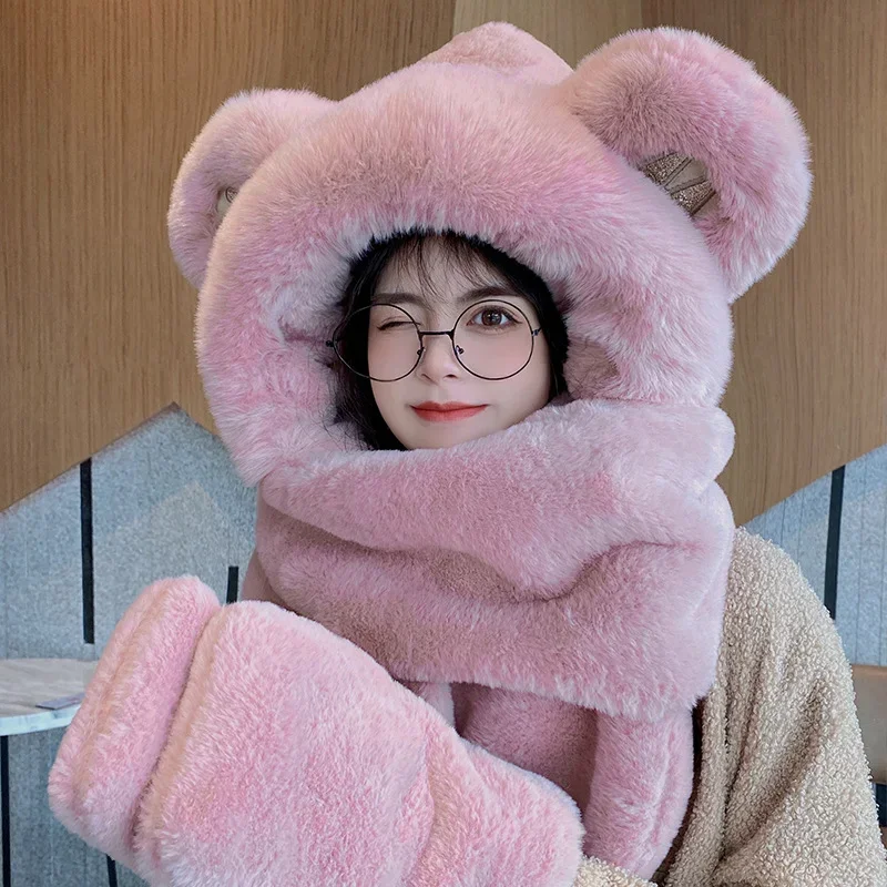 Cute Bear Ears Hat Female 2023 Winter New Style Thickened Warm Plush Scarf All-in-one Hooded Scarf Three-in-one