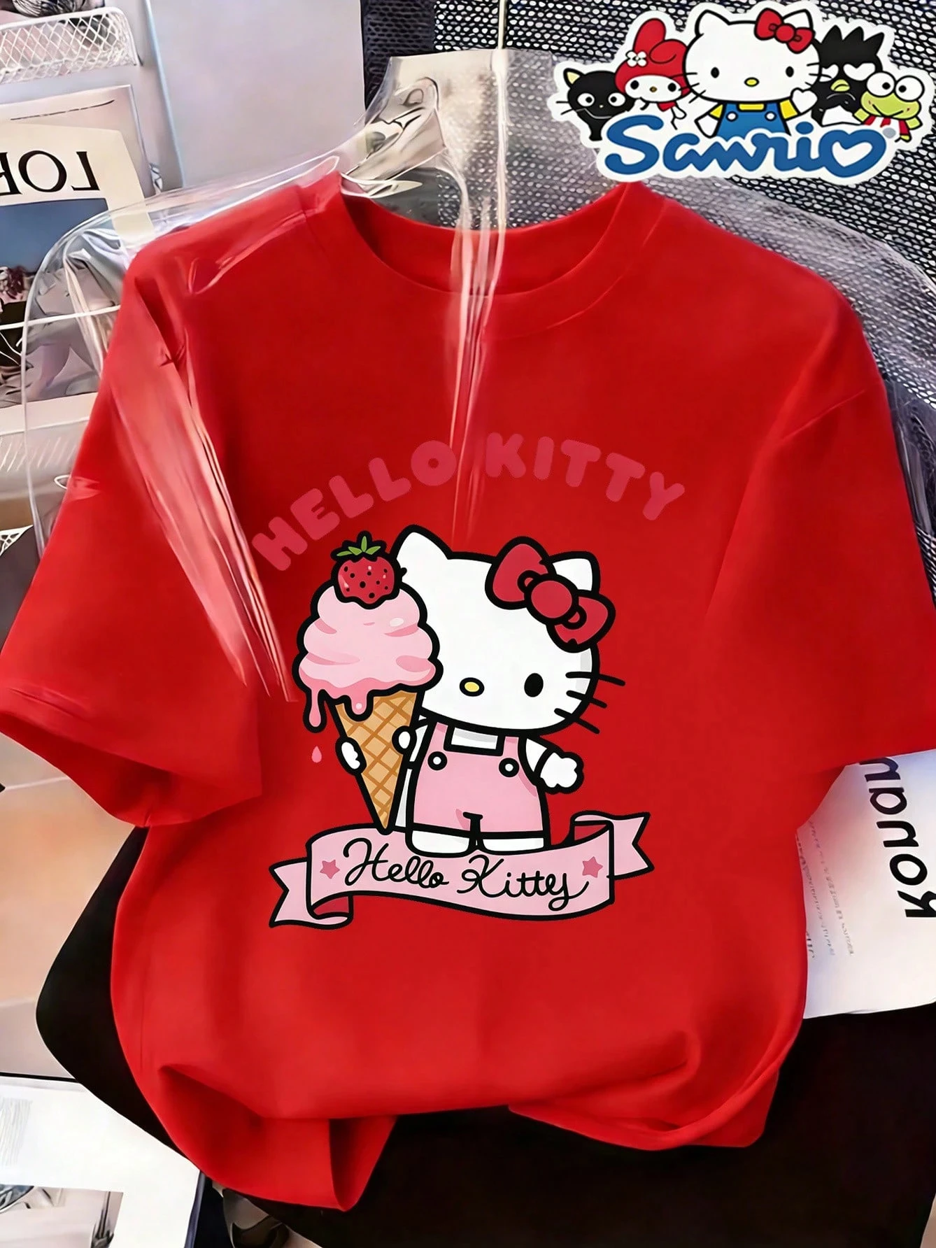 Hello Kitty Strawberry Ice Cream Pattern Cotton Round Neck Short Sleeve T-shirt Cute Sanrio Cartoon Kawaii Casual Top