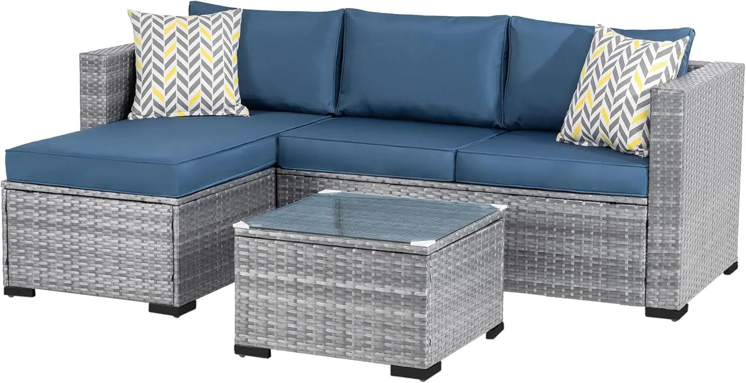 

Patio Furniture Sets 3 Pieces Outdoor Sectional Sofa Silver All Weather Rattan Wicker Sofa Small Patio Conversation Couch