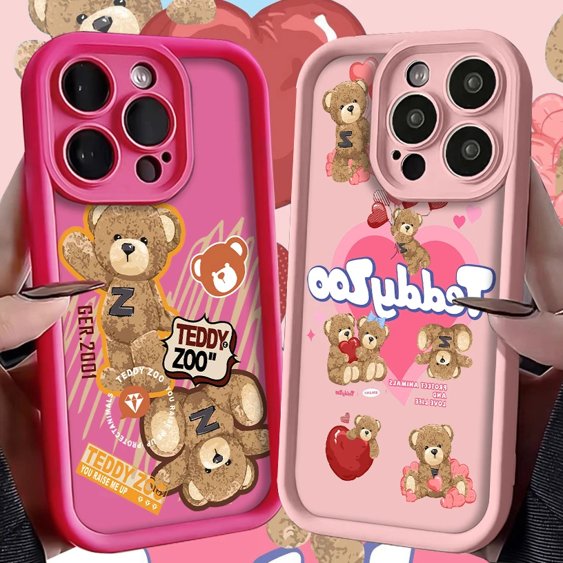 3D Cartoon Teddy Bear Soft TPU Case for iPhone 14 15 Pro Max 13 12 11 X XS XR 7 8 Plus SE 2020 Matte Silicone Shockproof Cover