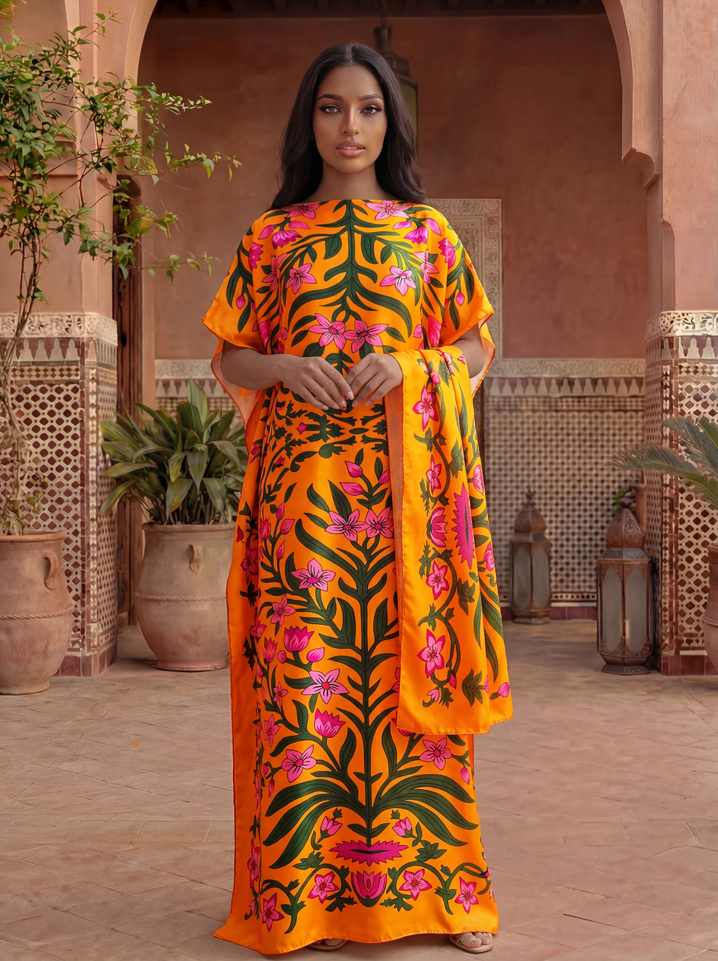 Vertical Floral Print Satin Abaya Scarf Set, Loose Batwing Maxi Kaftan For Muslim Women Summer Beach Holiday Wear