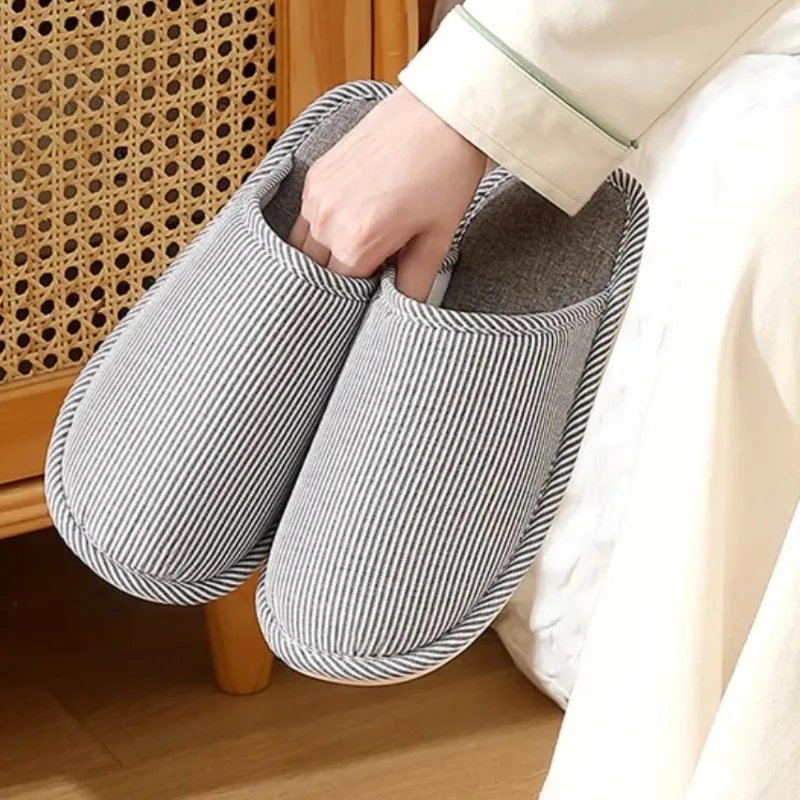 Warm Plush Cotton Slippers for Home Indoor Non-slip Linen Flats Spring and Autumn Couple House Slides image 6
