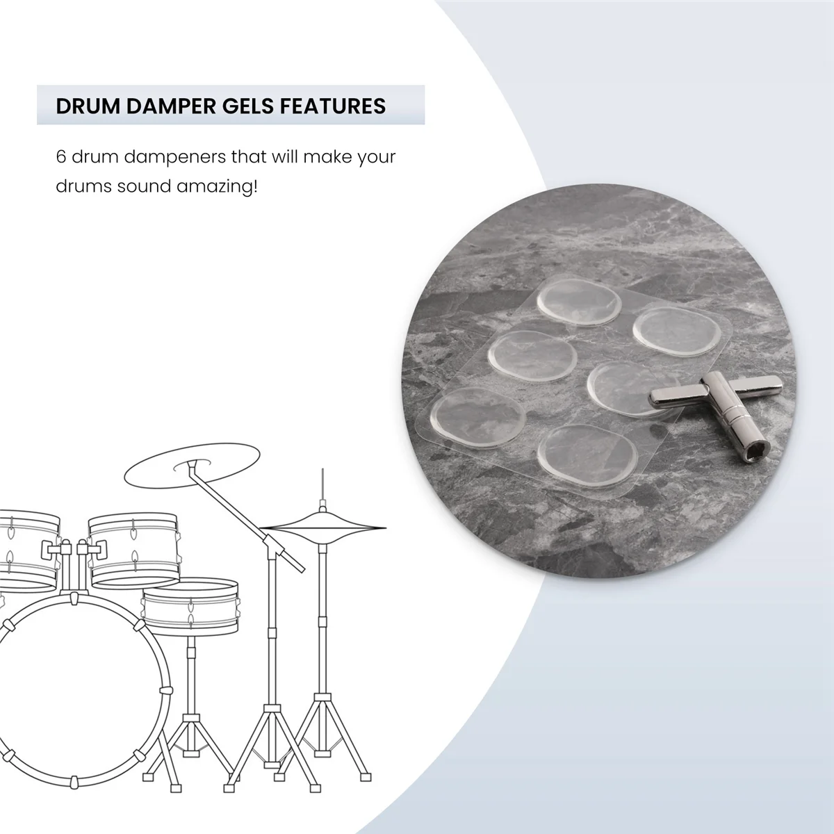 Drum Damper gel 6 pack with One Drum Tuning Key pack 1