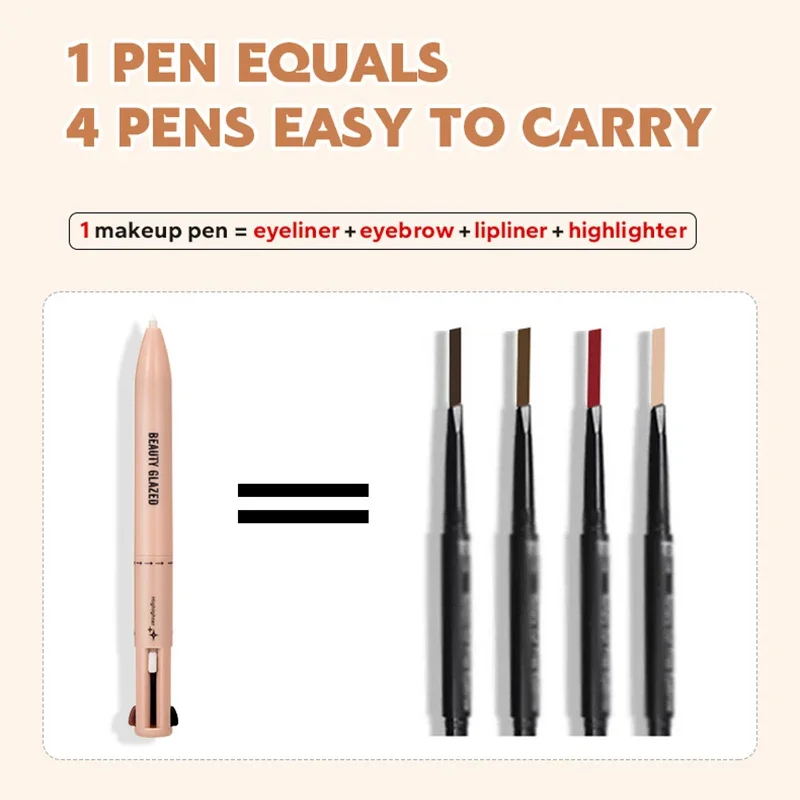 4 In 1 Beauty Glazed Multifunctional Makeup Pencil Eyebrow Pencil Eyeliner Lip Liner Highlighter Makeup Ballpen Matte Finish