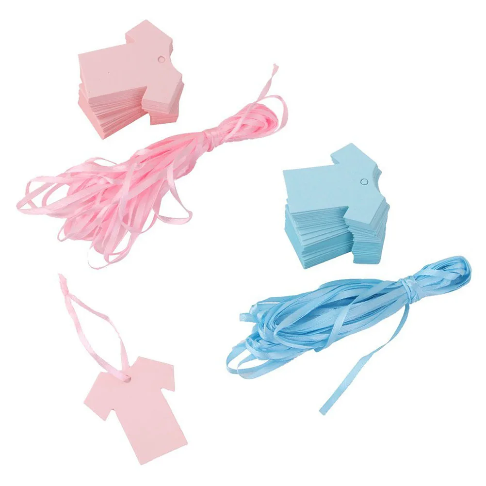 100Pcs Shower Party Favor Gift Tags Paper Cloth Shape Blue Blank Writable Clothing Price Cards Stickers Ribbon Scrapbooking
