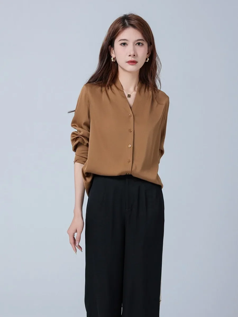 Stretch Crepe Satin Women Shirt 100% Silk Shirt Women\'s Spring V-neck Satin Long-sleeved Satin Blouse Mulberry Silk Shirt