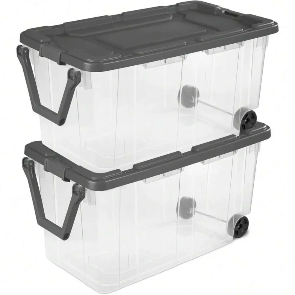 160 Quart Wheeled Stackable Storage Bin with Gray Lid 2 Pack Heavy Duty Clear Plastic Container for Garage Household Bulk Storage Rolling Wheels Secure Latch Lid Outdoor Camping Seasonal Organization Moving Supplies