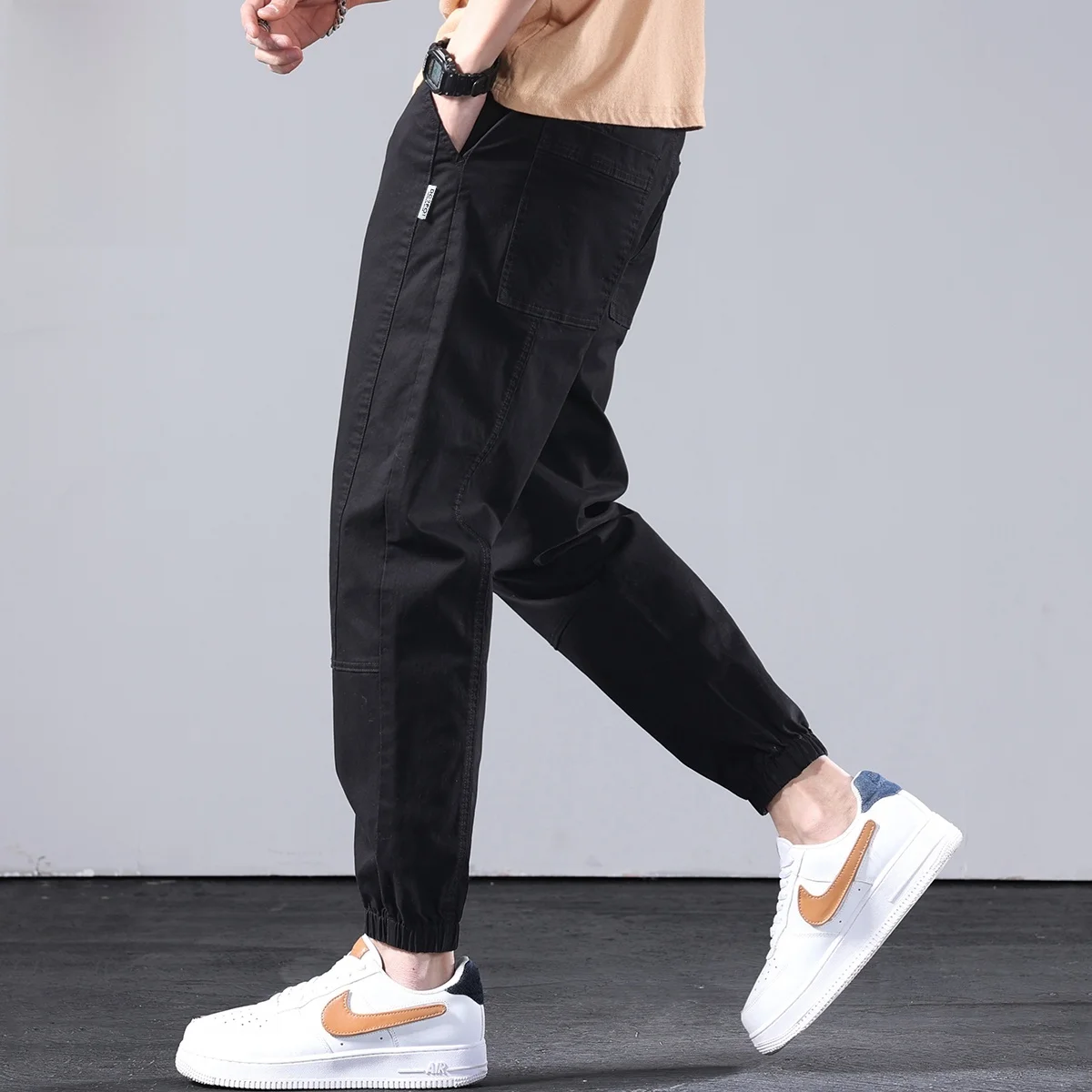 

Мужские весенние повседневные свободные спортивные брюки с эластичным поясом, карго, молодежные, Vitali Sle, устойчивые к сминанию, черные, белые