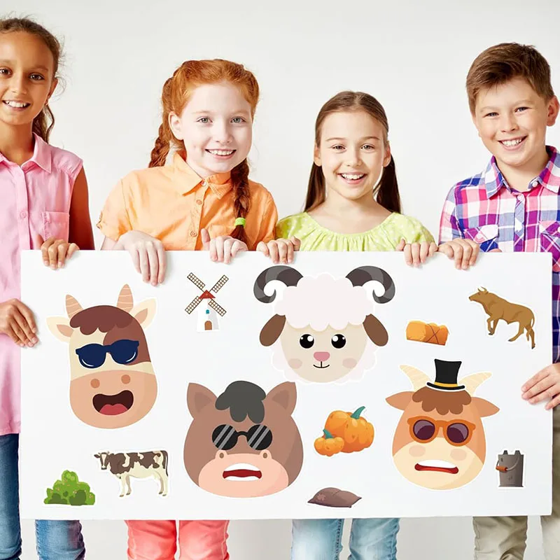 Cute Cartoon Farm Animal Sticker Sheets for Kids, Creative Make a Face Puzzle, combinação de características faciais, DIY, crianças