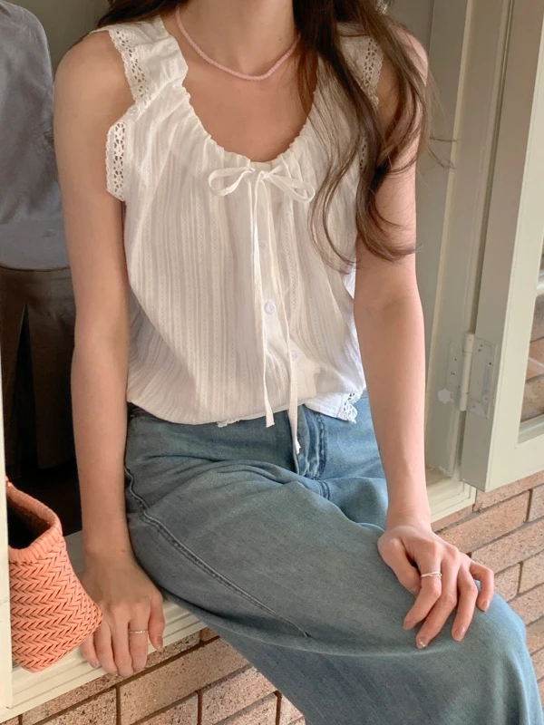 

Korean Sle Sweet Lace-Up Svel irt Women's New 2025 Summer Refreing Anti-Aging Top Thin Material round Ne ort ...