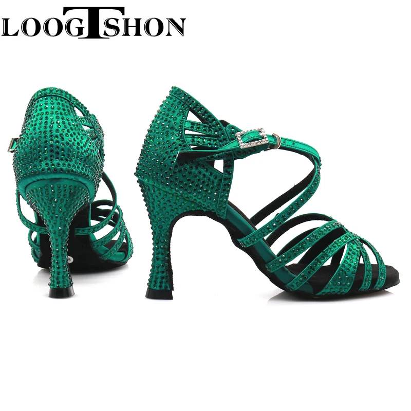 Loogtshon Salsa เต้นรำรองเท้า Latin Dance รองเท้าผู้หญิง,9CM Heel,สีเขียว,ยืดหยุ่นรองเท้า Dance รองเท้าผู้หญิงเต้นรำรองเท้าแตะ