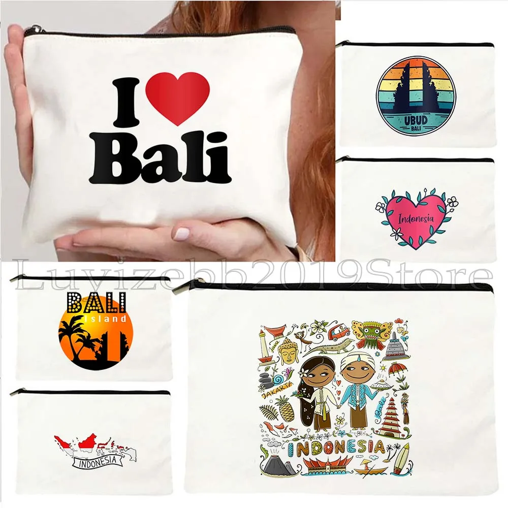 

Graphic Ubud Bali Indonesia Flag Map Vintage Beach Balinese Mask Gift Canvas Cosmetic Makeup Toilet Bag Pencil Case Zipper Pouch