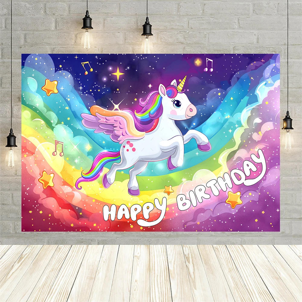 Cartoon Rainbow Unicorn Glitter Flower Girls Birthday Party Banner Backdrop Custom Baby Room Photography Poster Decor Background