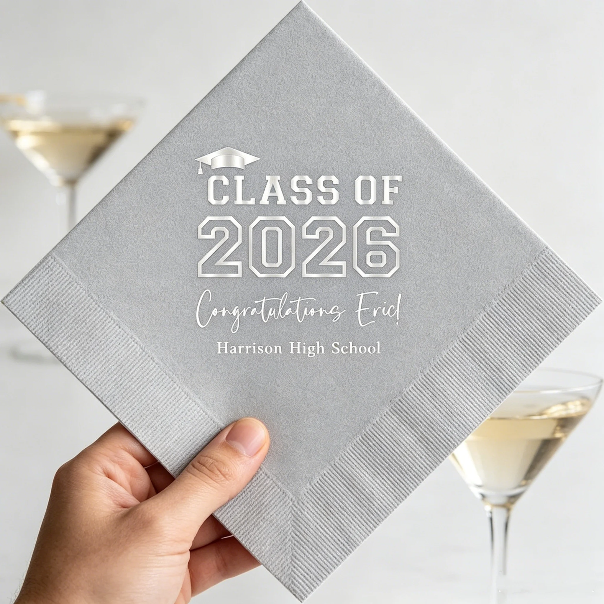 50pcs Custom Class of 2026 Graduation Napkins, Personalized "Congratulations" Graduate Silver Foil Disposable Cocktail Napkins,