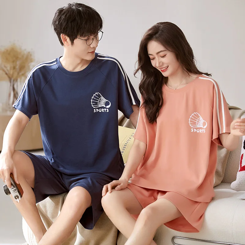 2 Pieces Set Sleep Tops & Shorts Cotton Pajamas For Women Men Summer Short Nightwear Homewear Plus Size Sleepwear For Couples