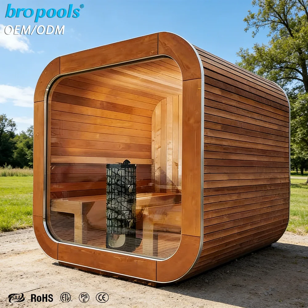 Factory Direct Commercial Electric Outdoor Villa Park 4-Person Modern Solid Wood Barrel Sauna 9KW Wet Steam Panoramic Finnish