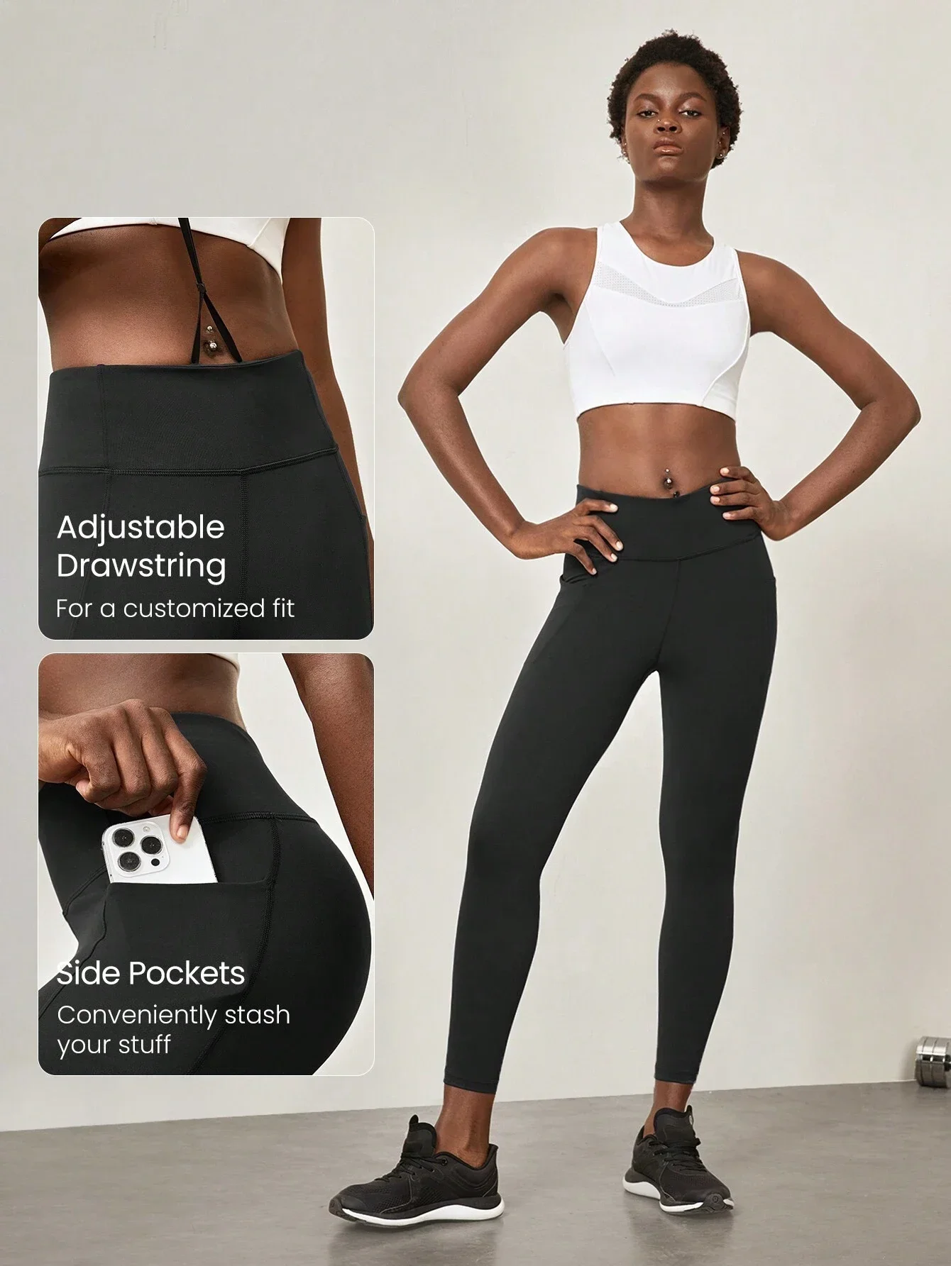 

24 Inch High-Waist Pocket Leggings With Drawstring 4-Way Stretch Quick Dry Compression