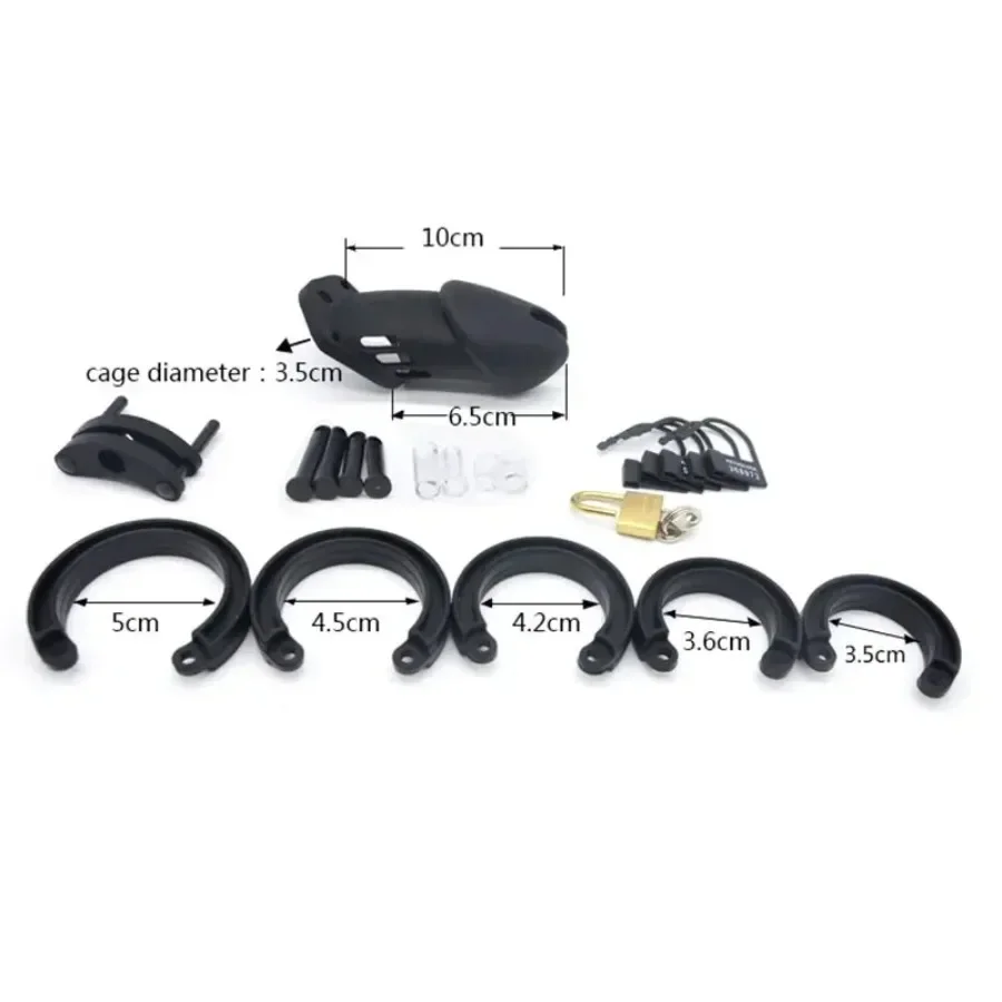 Mainan Seks Kandang Ayam Perangkat Kesucian Silikon Pria Baru dengan 5 Cincin Penis Sabuk Dewasa Kunci Kuningan Standar/Kandang Pendek A122/A235