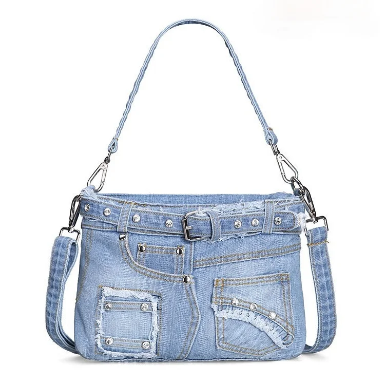 Yao Dong Fashion Washed Denim Women Crossbody Bag Jeans Pants Look Messenger  Shoulder Bag Small Tote Bag