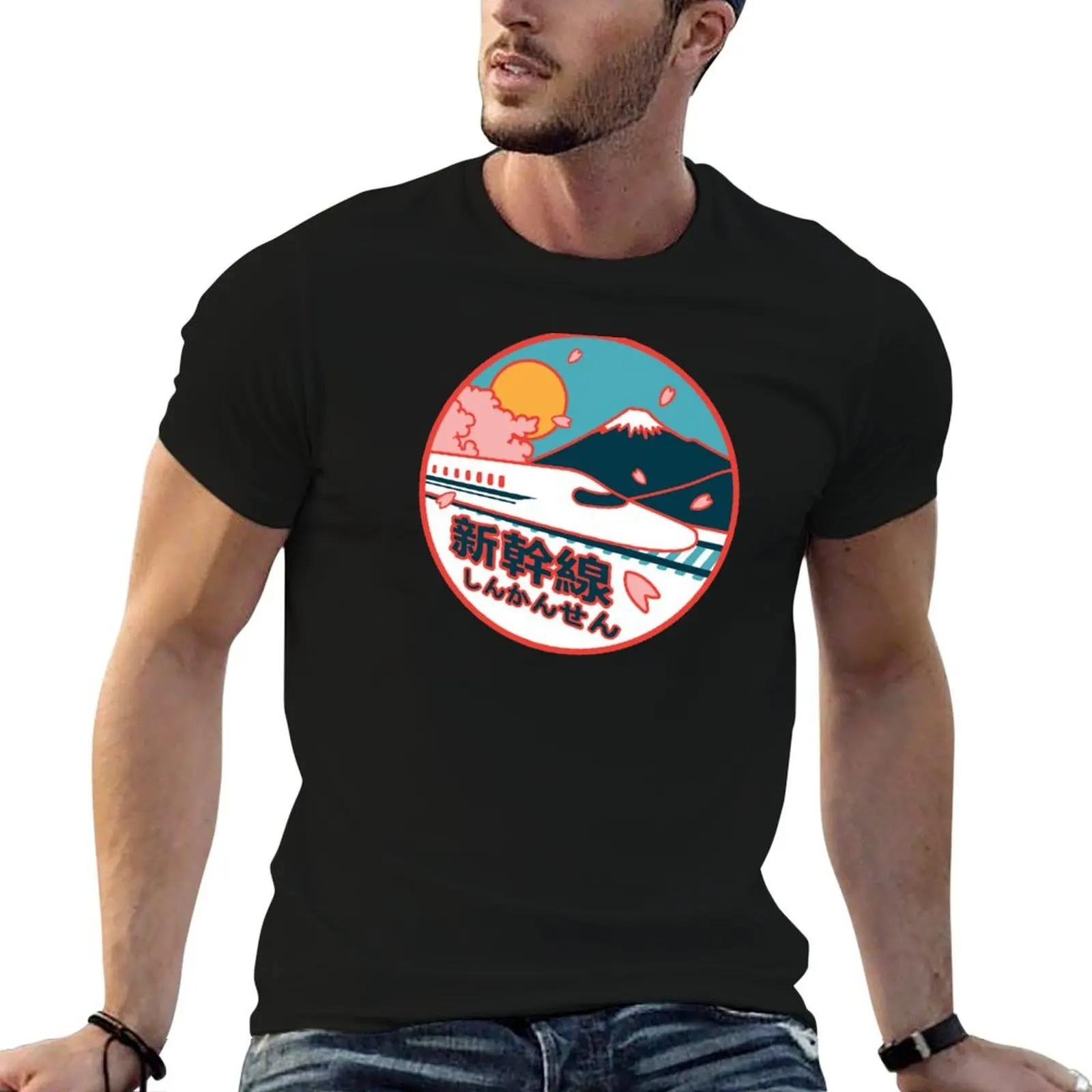 

Japan Shinkansen Bullet Train Mt. Fuji and Sakura Cherry Tree Icon T-Shirt t shirts for man cotton T-Shirt
