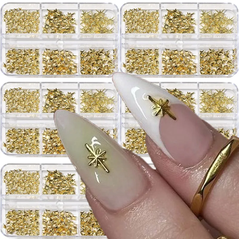 6-grid Metal Star Nail Rivet Decoration 3D Nail Art Charms Beads Decoration Case Organizer Silver Gold Y2K Punk Style Manicure