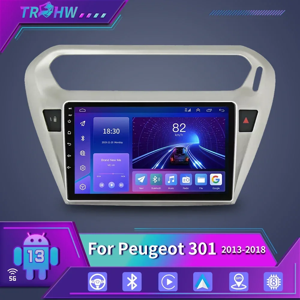 For Peugeot 301 2013 - 2018 Multimedia Car Radio CarPlay Android 13 Auto GPS Navigation 2din Stereo 8GB+128GB Car Video