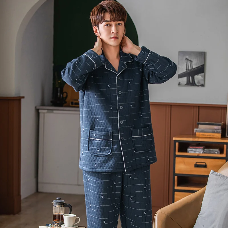 Men laminated air cotton pajamas male geometry print warm pyjamas thin quilted suit long sleeve pajama winter leisure wear 3XL