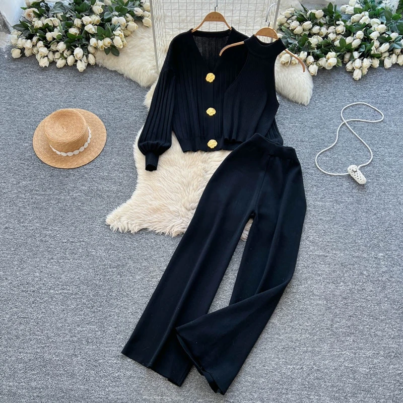 Picture 6: Advanced Knitted V-Neck Vest Cardigan Three Piece Set Women's Autumn Commuting Style Metal Button Slim Fit Set