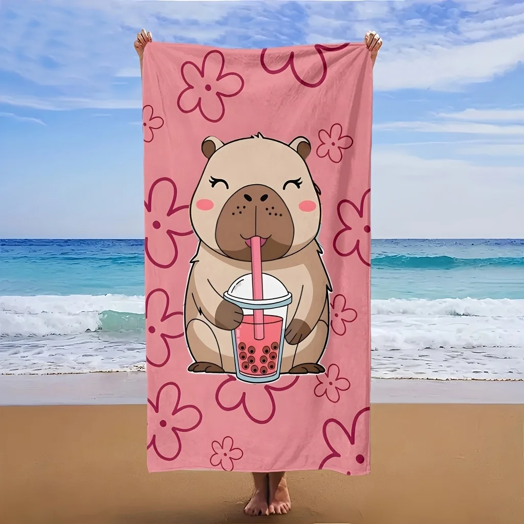 Cartoon Capybara Holding Bubble Tea Print Beach Towel, Soft Towel for Swimming Yoga Camping Travel