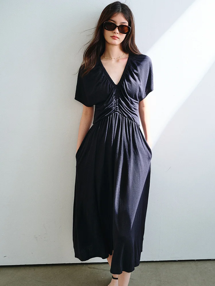 

Greek Goddess Style Shows Slim Effect, Absolutely Perfect New Elastic Linen V-neck Pleated Waist Dress